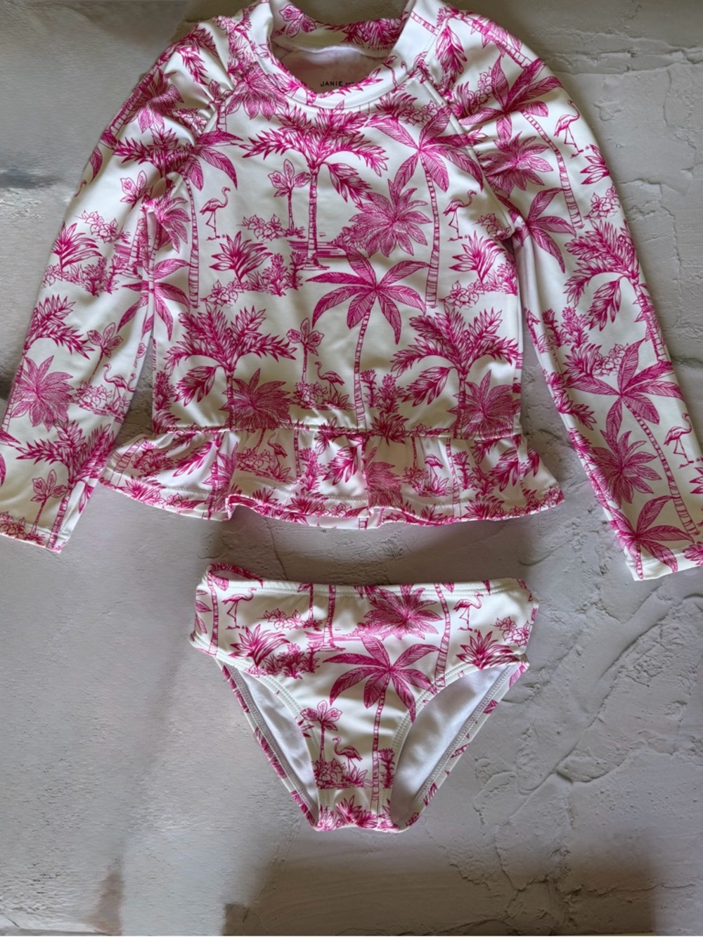 Janie and Jack Toile de Joie Two-Piece Pink Palm Print Rash Guard Swim Set